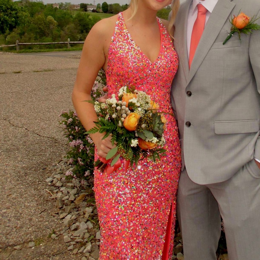 Coral sequin prom dress